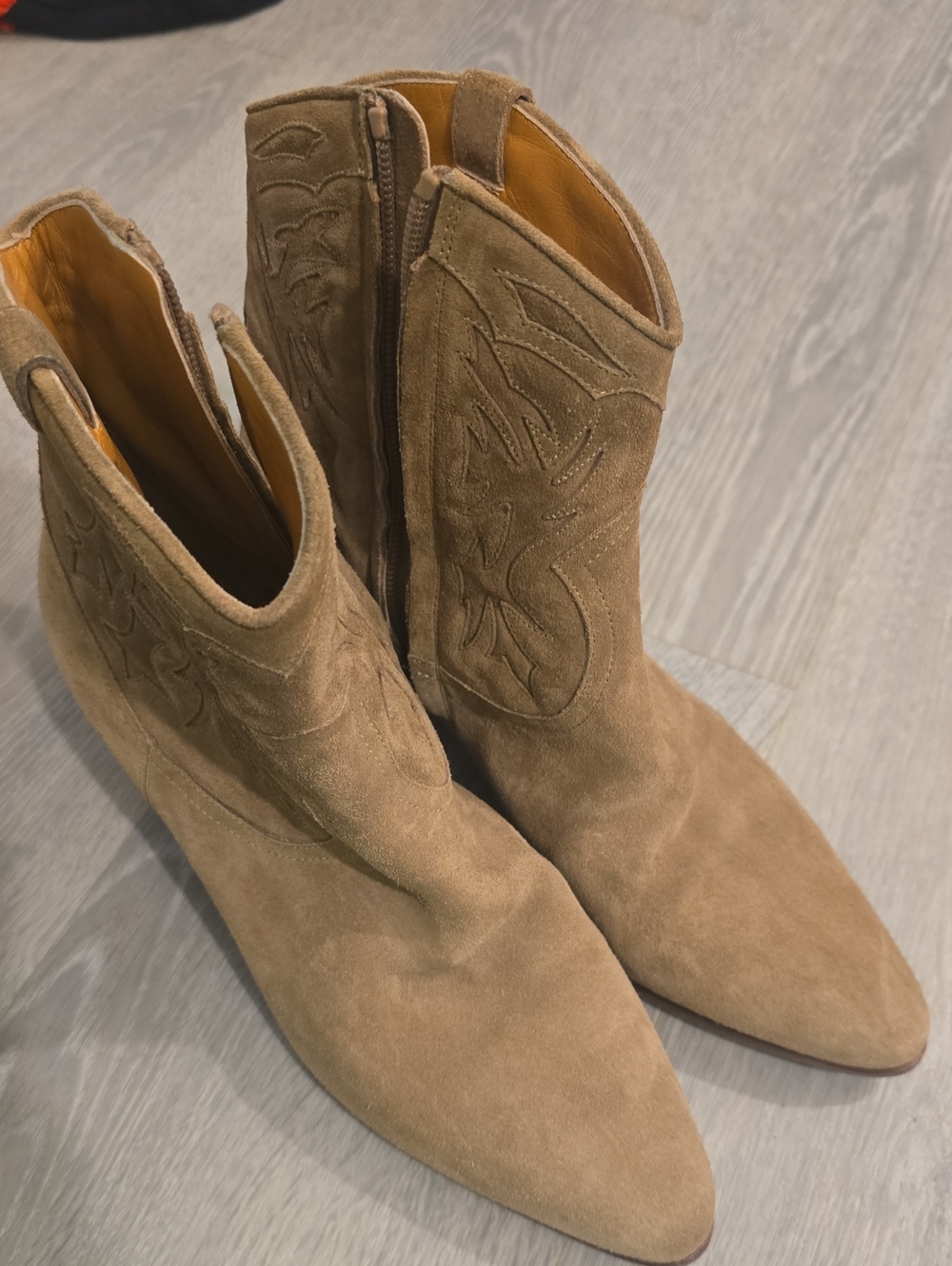 YSL SAINT LAURENT Women's Suede Pointed Western Ankle Boots in Tan